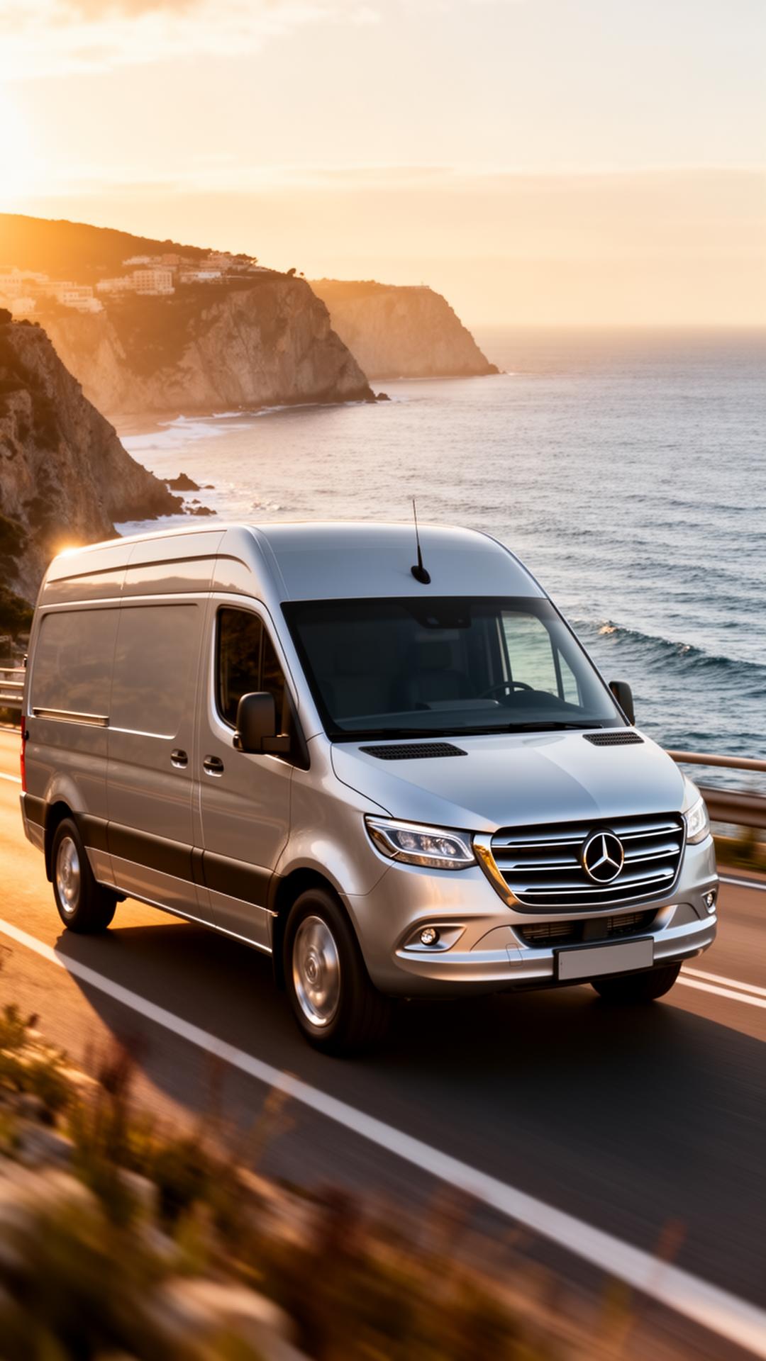 Silver Mercedes-Benz Sprinter cargo van on European coastal highway